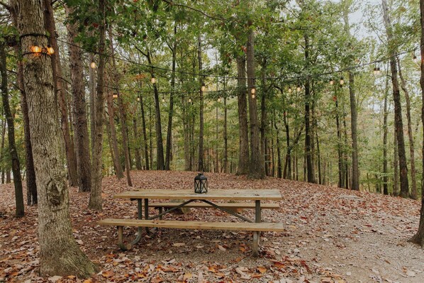 A picnic table in a forest with a lantern on it.