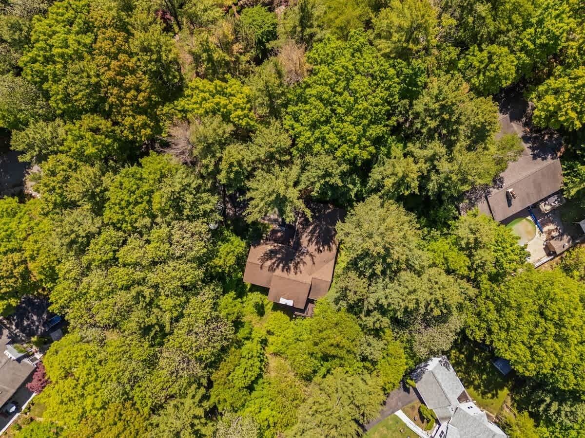 An aerial view of a house surrounded by dense green trees.