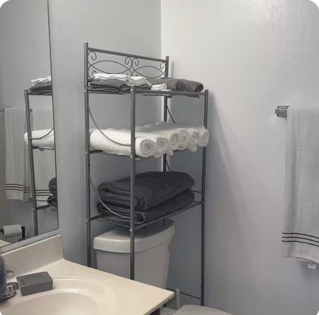Hair dryer, towels, soap, toilet paper
