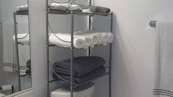 Hair dryer, towels, soap, toilet paper