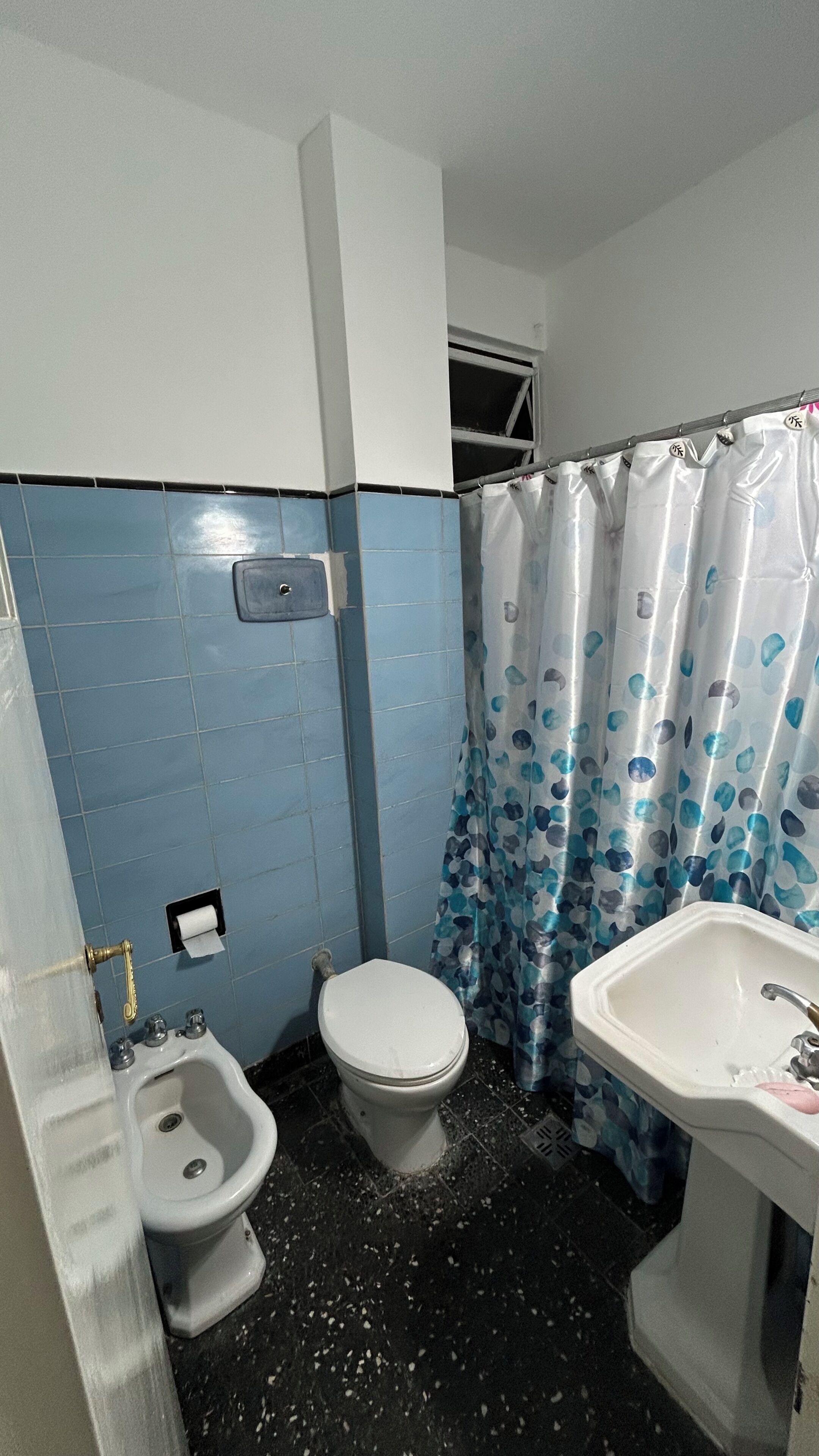 A bathroom with a toilet, bidet, and sink.