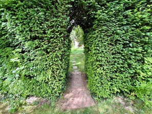 A pathway flanked by dense green foliage, leading to a brick structure.