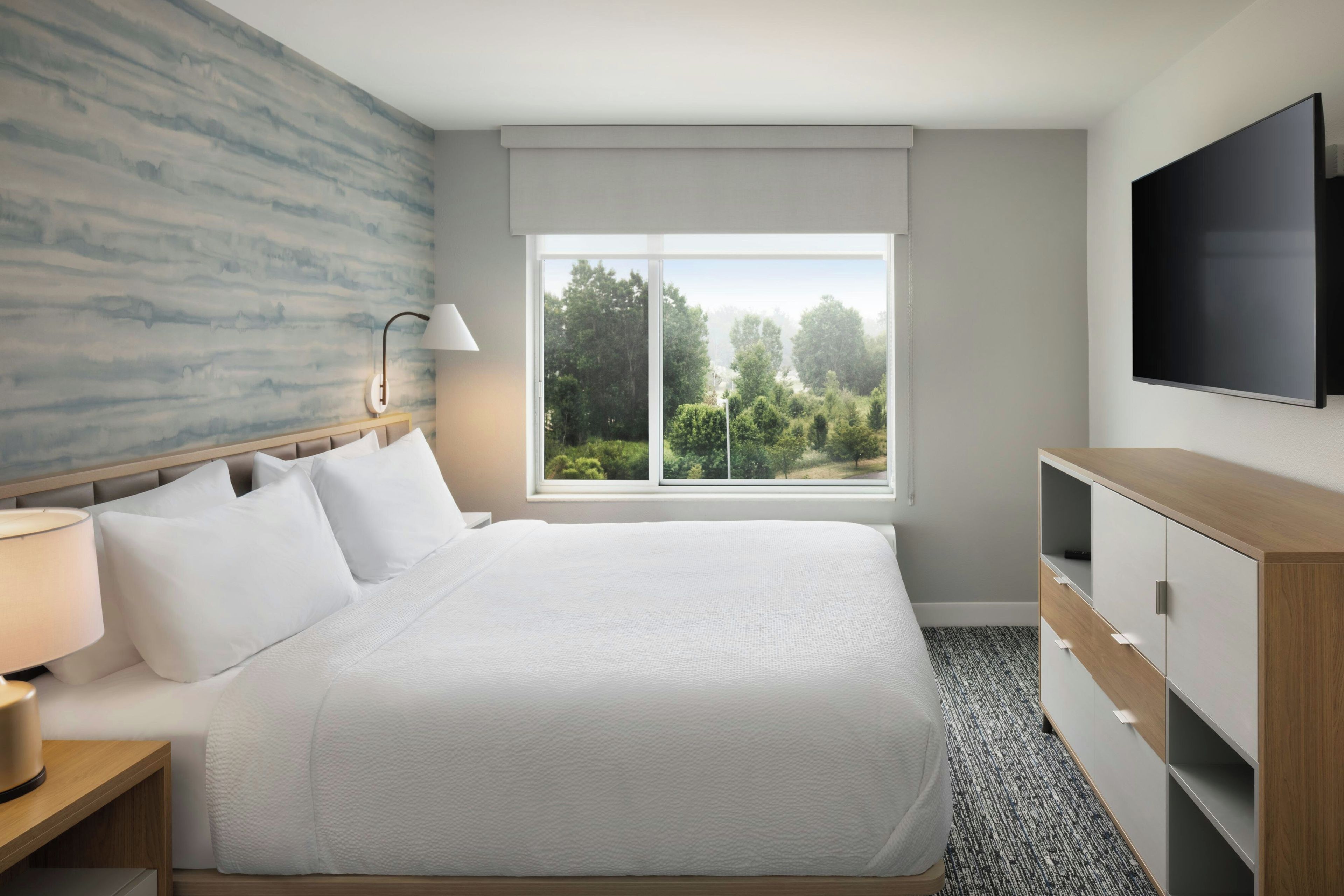 A hotel room with a large bed, a flat-screen TV, a window with a view of trees, and a wooden dresser.