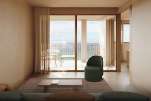 Una habitación de hotel moderna con un amplio ventanal corredera que da a un balcón con vistas al mar.