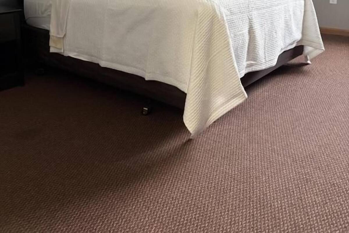 A hotel room with a bed, a nightstand, a lamp, and a window with curtains.