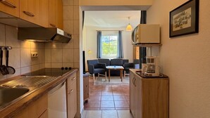 A compact kitchen with wooden cabinets, a stainless steel sink, and a modern pendant light. - House Seeblick - Garden Suite No. 4 (Binz)