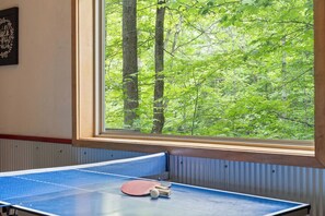 Et bordtennisbord med bat og bold, et vindue med udsigt over en skov, og en væg med et skilt.