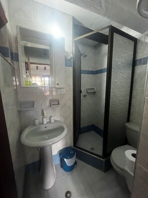 Een badkamer met een wastafel op voet, een spiegel, een douchecabine en een toilet.