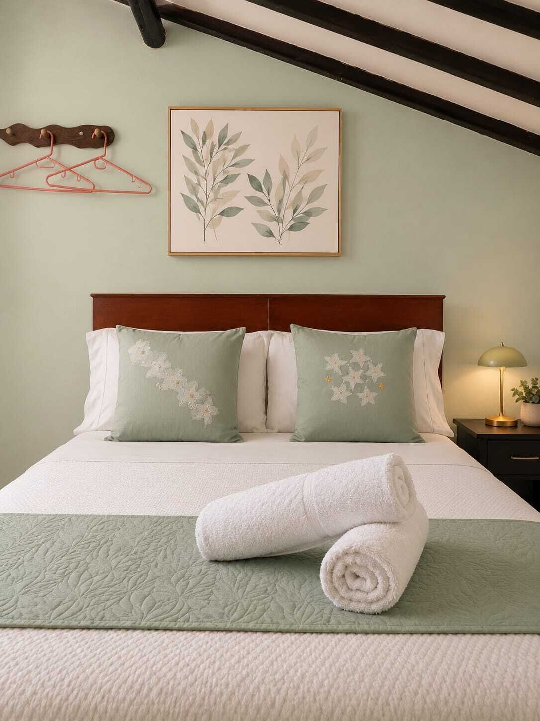 Ein ordentlich bezogenes Bett mit einem zusammengerollten Handtuch, zwei Kissen mit Blumenstickerei, einem gerahmten Pflanzenprint an der Wand und einem hölzernen Kopfteil.