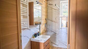 Shower, hair dryer, towels, soap