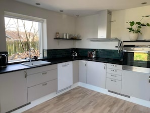 A modern kitchen with a window, built-in appliances, and a potted plant. - 4 Star Holiday Home in Vejby (Vejby)