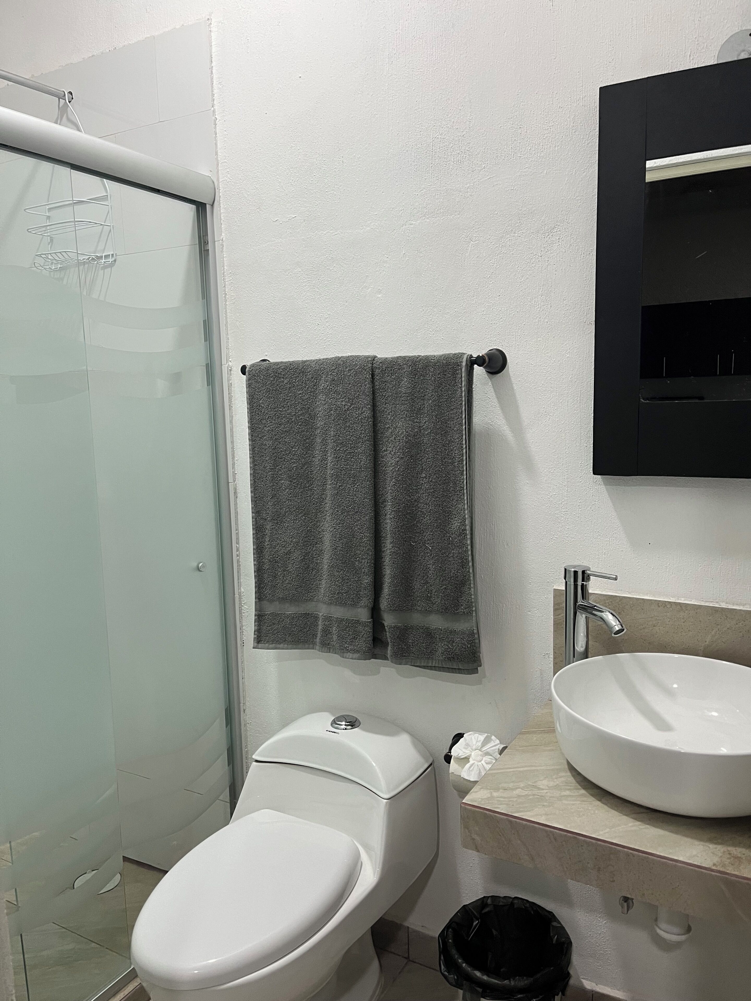 Douche, bidet, serviettes fournies, savon