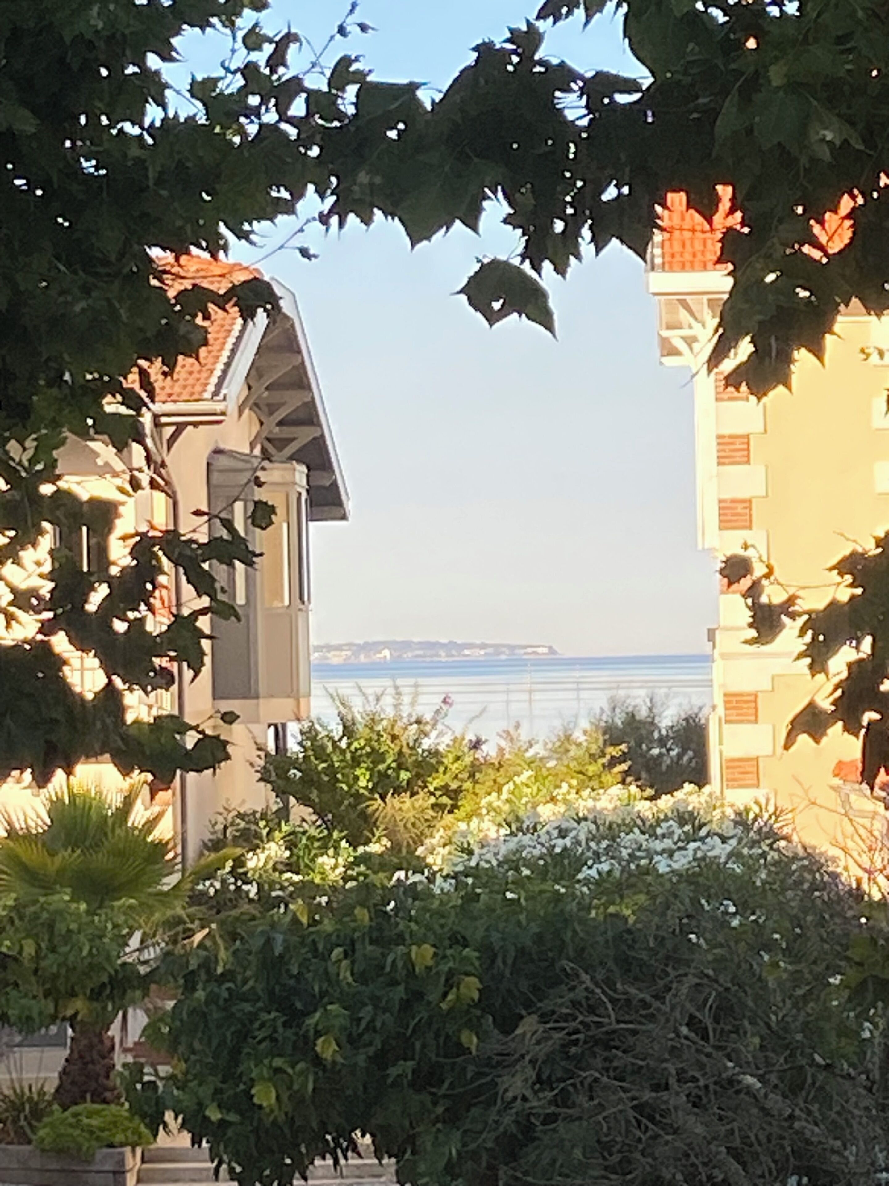A coastal building with a view of the sea, surrounded by greenery.