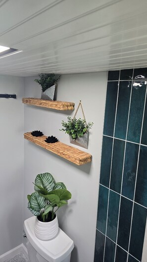 A bathroom with a white toilet, a potted plant, and three woven shelves with plants.
