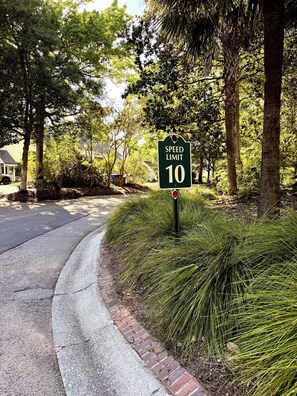 Snelheidslimiet bord van 10 op een woonstraat met huizen en bomen.