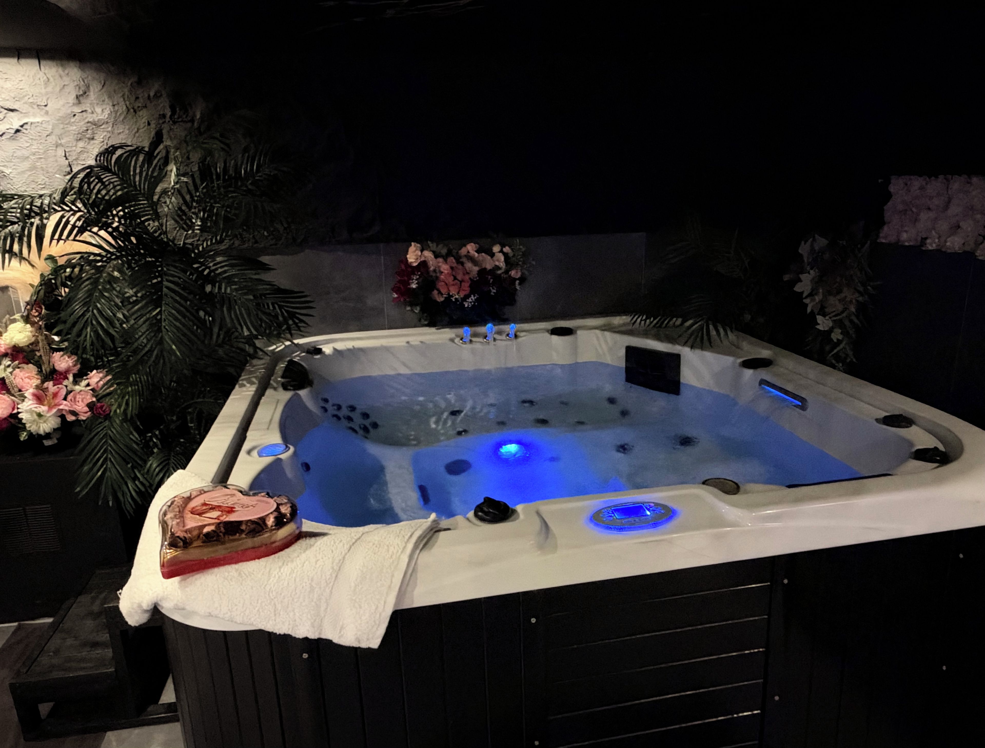 Un bain à remous doté d’un panneau de commande numérique, entouré de plantes et de fleurs en pot.