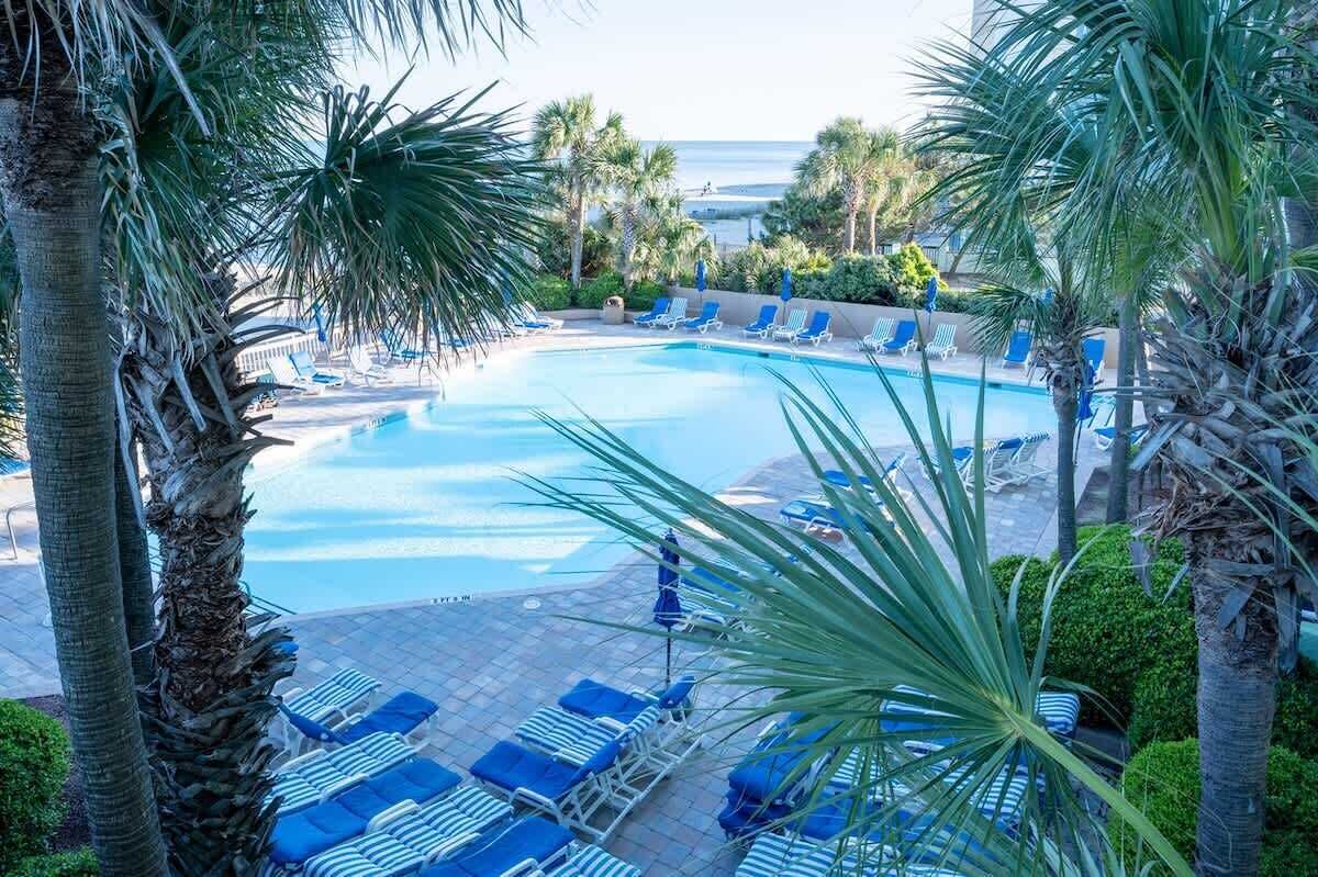 A pool area with lounge chairs and palm trees.