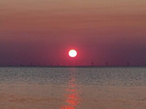 Ein Sonnenuntergang über einem ruhigen Meer mit Windrädern in der Ferne.