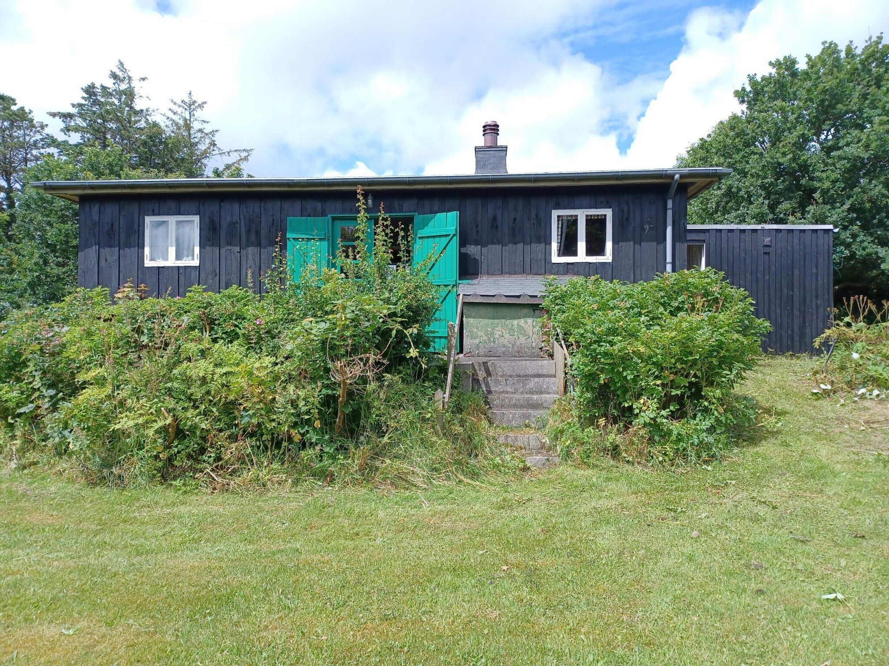 A rustic wooden house with a green door, a chimney, and a small staircase leading to the entrance.