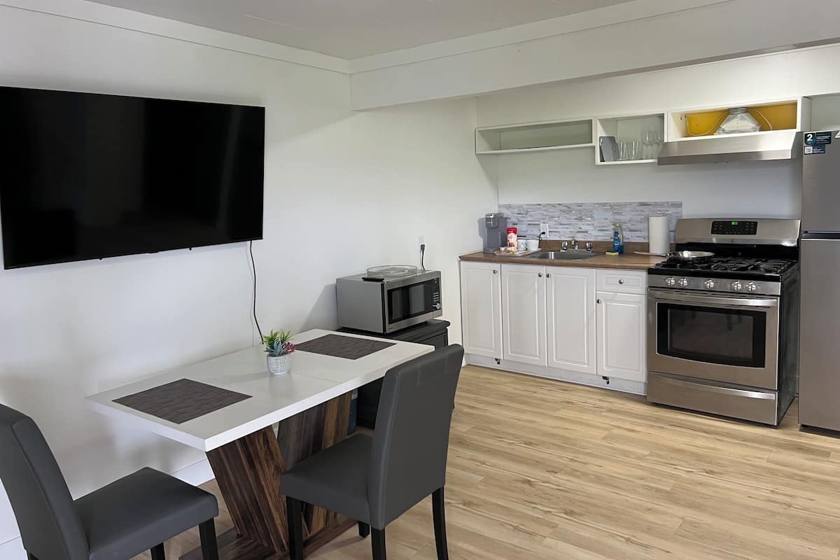 A modern kitchen with white cabinets, a microwave, a stove, and a sink.