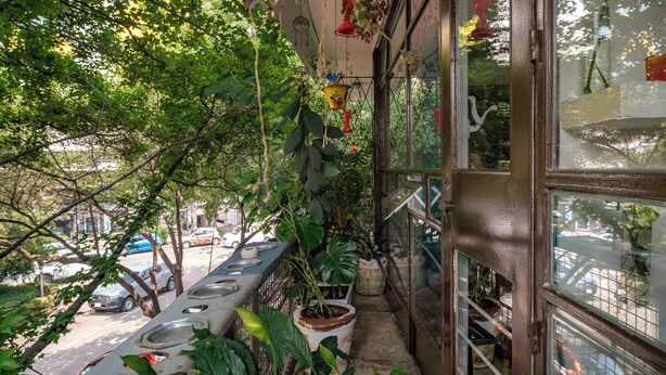 Un balcón estrecho con plantas en macetas y adornos colgantes, con vistas a una calle con coches aparcados.
