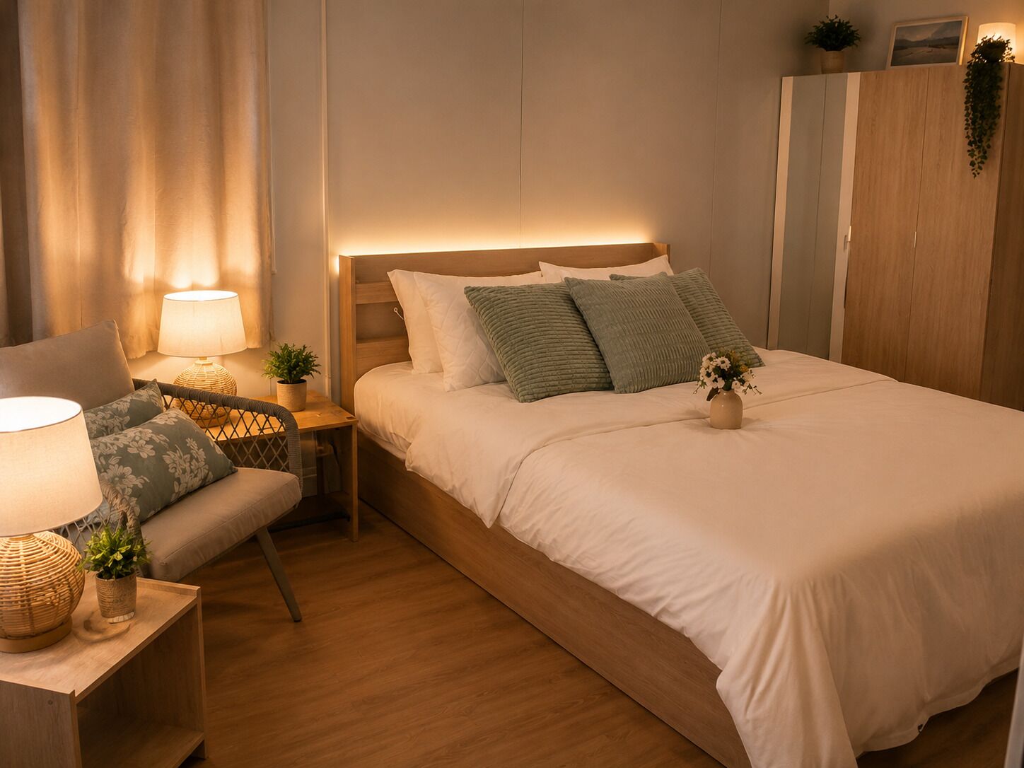 Ein ordentlich eingerichtetes Schlafzimmer mit Bett, Nachttischen, einem Sessel und einem Kleiderschrank.