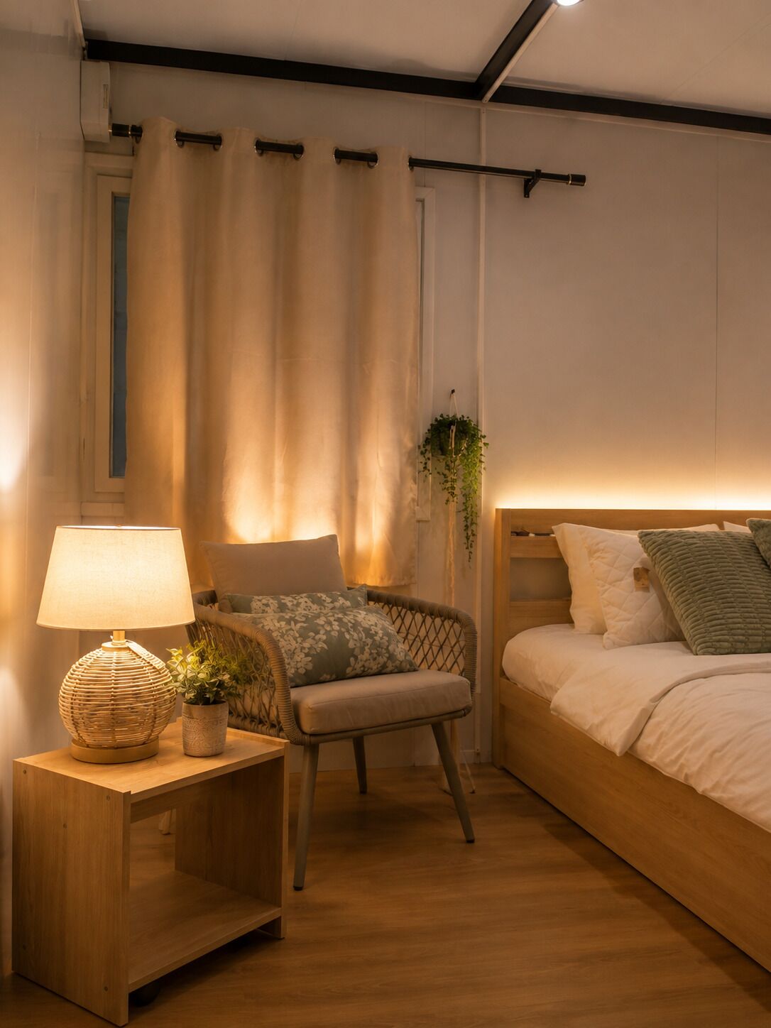 A bedroom with a wooden nightstand, a lamp, a wicker chair, and a bed with pillows.
