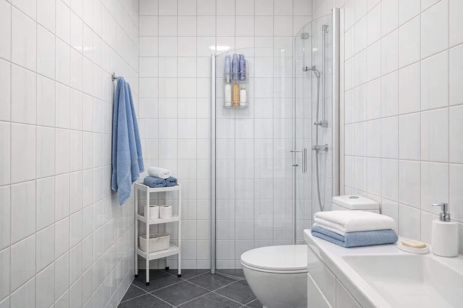 Shower, hair dryer, towels, shampoo