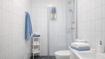 Shower, hair dryer, towels, shampoo