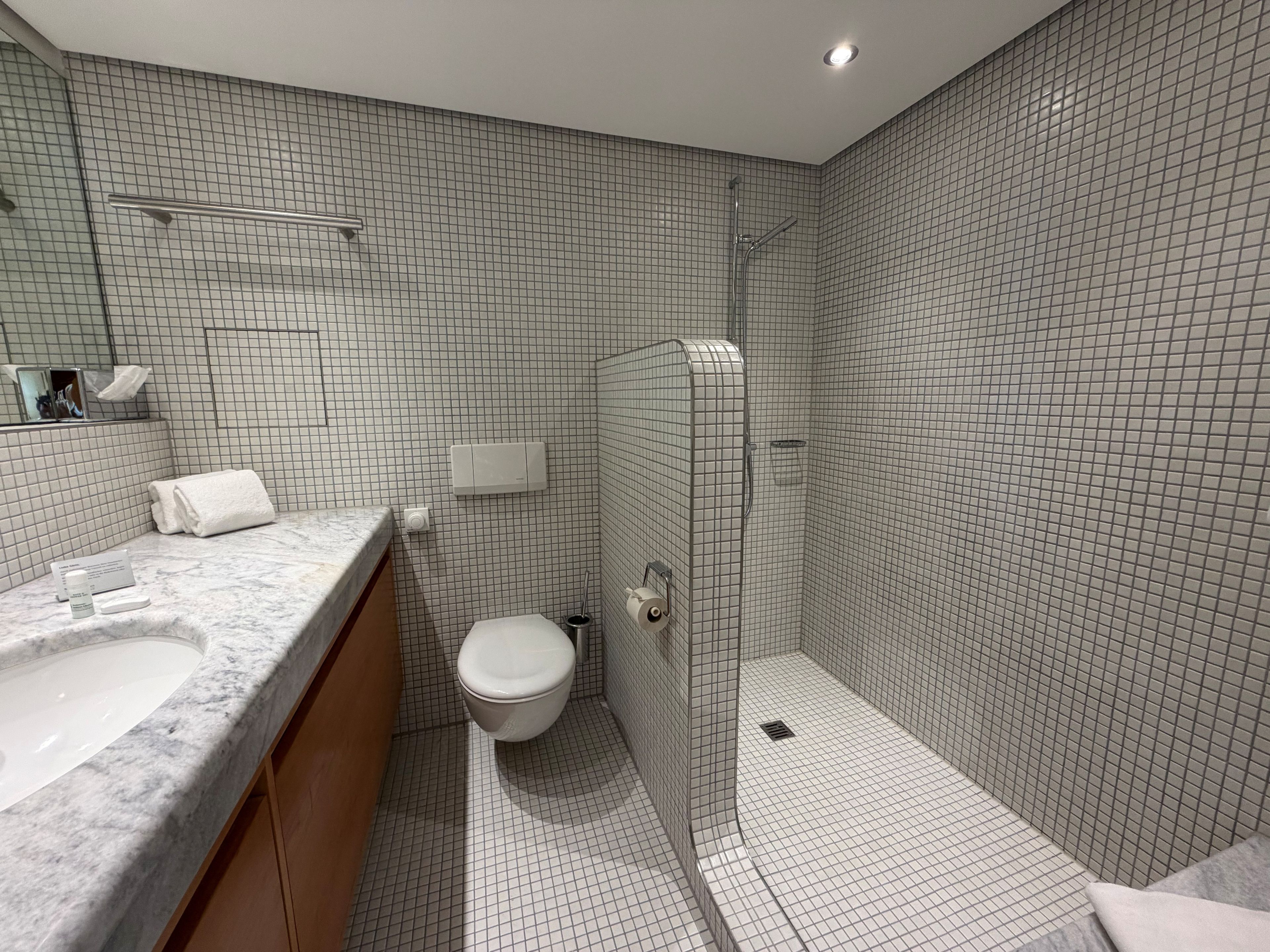 A modern bathroom with a marble sink, a toilet, and a glass-enclosed shower.