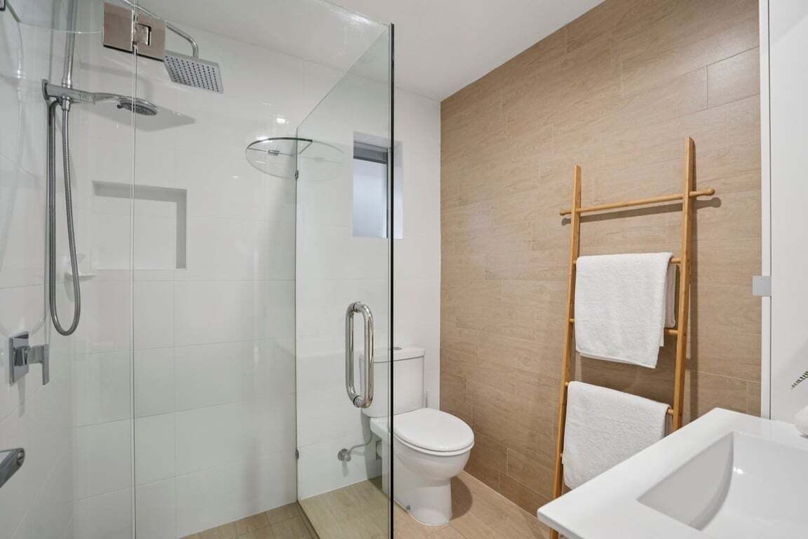 Hair dryer, towels, soap, shampoo