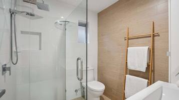 Hair dryer, towels, soap, shampoo