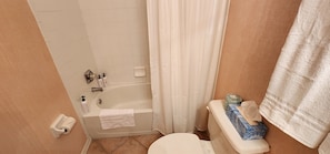 Une salle de bain avec une baignoire, des toilettes et un rideau de douche.