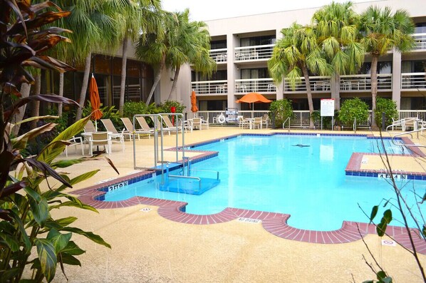 Una piscina con sillas de descanso, palmeras y un edificio de varios pisos al fondo.