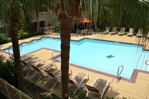 Una piscina con sillas de descanso y palmeras.