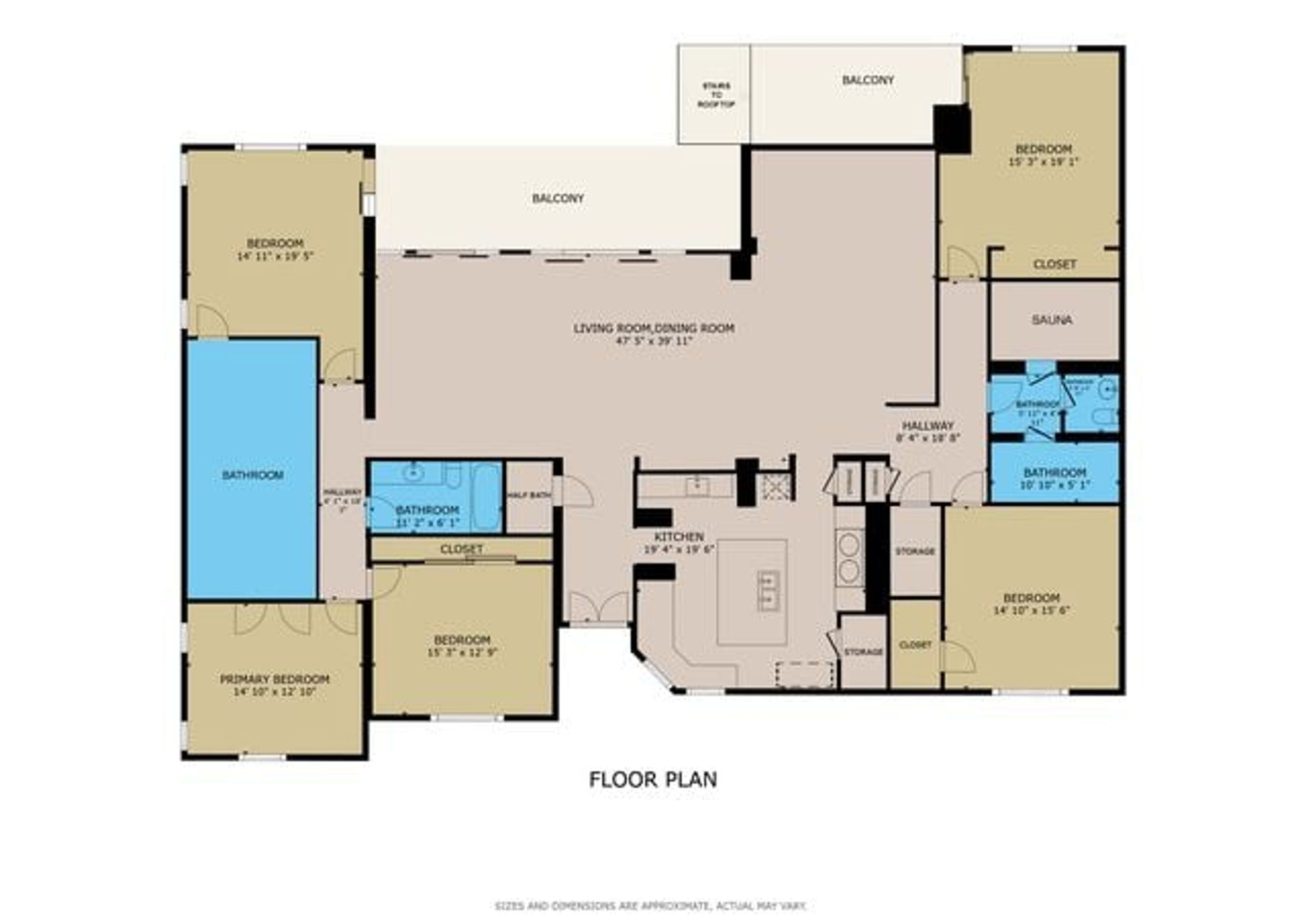 Grundriss mit Hauptschlafzimmer, Gästezimmer, Balkon, Wohnzimmer, Küche, Bad und Sauna.