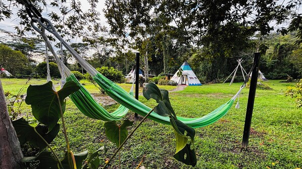 A hammock in a grassy area with tents in the background. - Refugio Natural Destino Payacal (La Mesa)