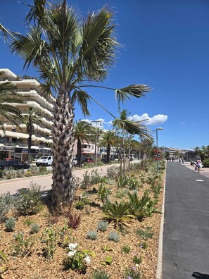 A palm tree-lined street with a building featuring balconies and a pedestrian walkway. - Bright duplex 75m2, 1 minute walk from the beach (Fréjus)