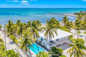 Uma propriedade moderna à beira-mar com piscina, palmeiras e vista para o oceano.