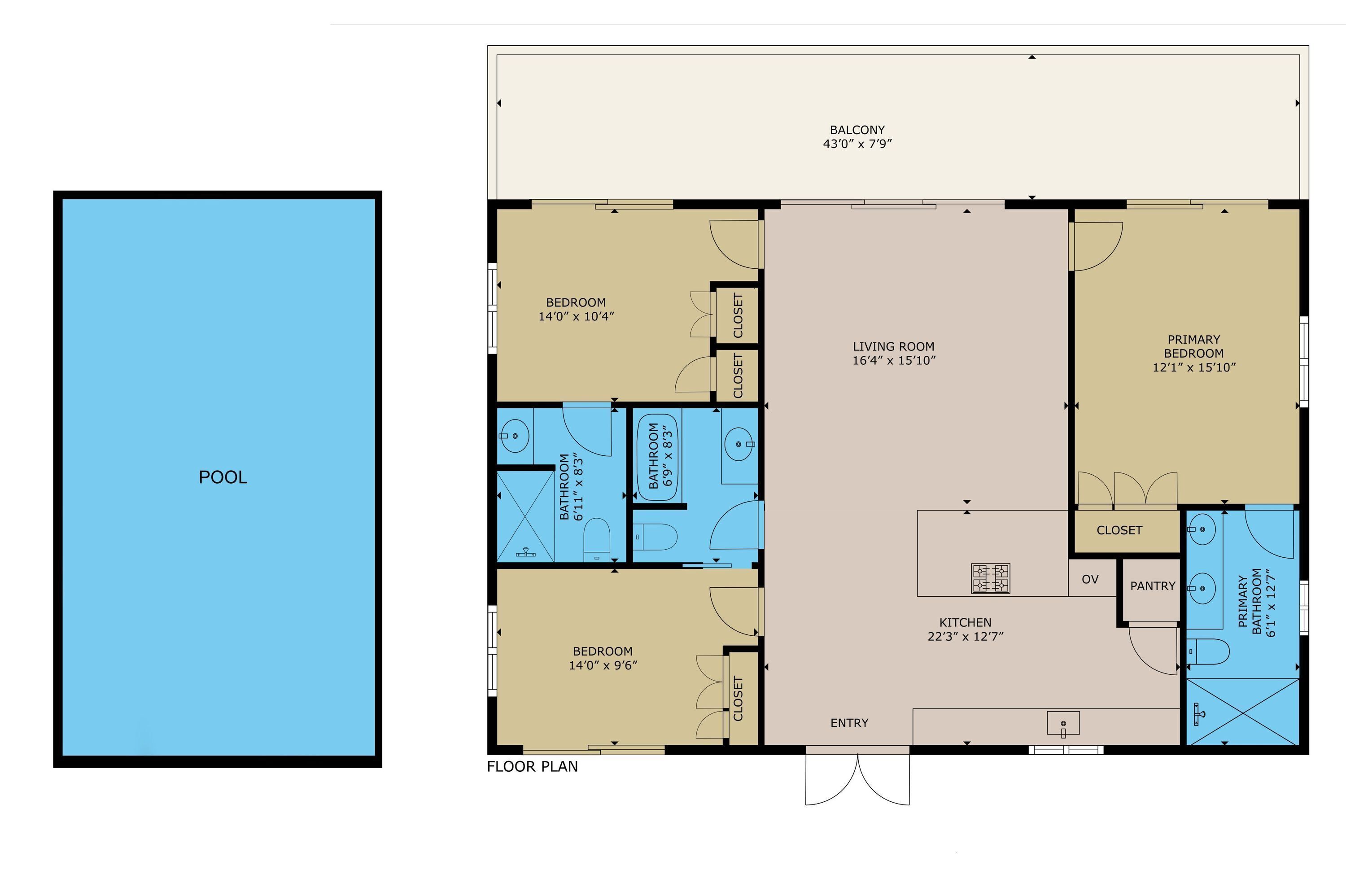 Un plan d’étage comprenant une piscine, deux chambres, un salon, une cuisine, une salle de bain et un balcon.