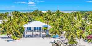 Uma casa moderna à beira-mar, com varanda, piscina e palmeiras ao redor.