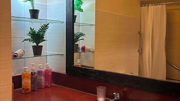 Hair dryer, bidet, towels, soap