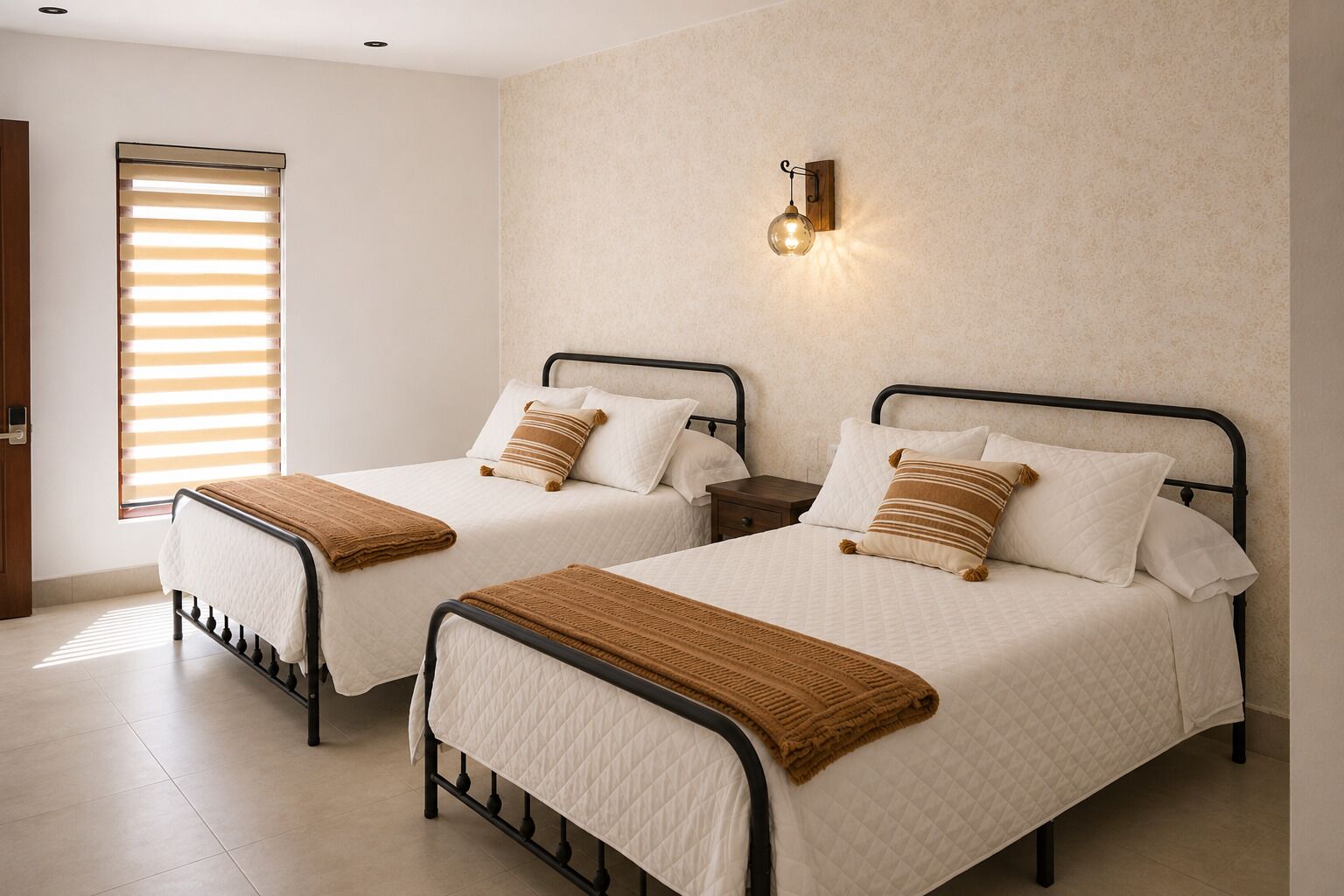 Two twin beds with headboards, a wall-mounted light fixture, and a window with blinds.