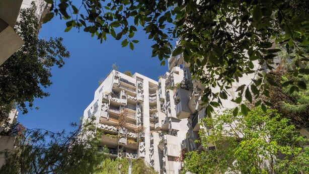 Un immeuble à plusieurs étages, doté de balcons et entouré d’arbres.