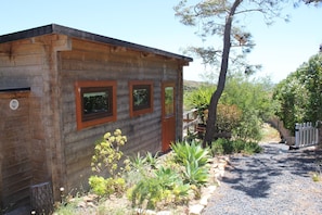 A wooden cabin with a gravel driveway, surrounded by various plants and a tree.