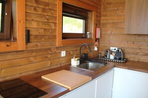 Interior de una cabaña de madera con zona de cocina, un lavamanos, una ventana y una encimera.