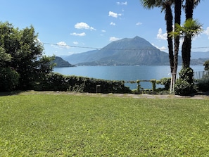 Eine grüne Wiese mit Blick auf einen See und Berge.