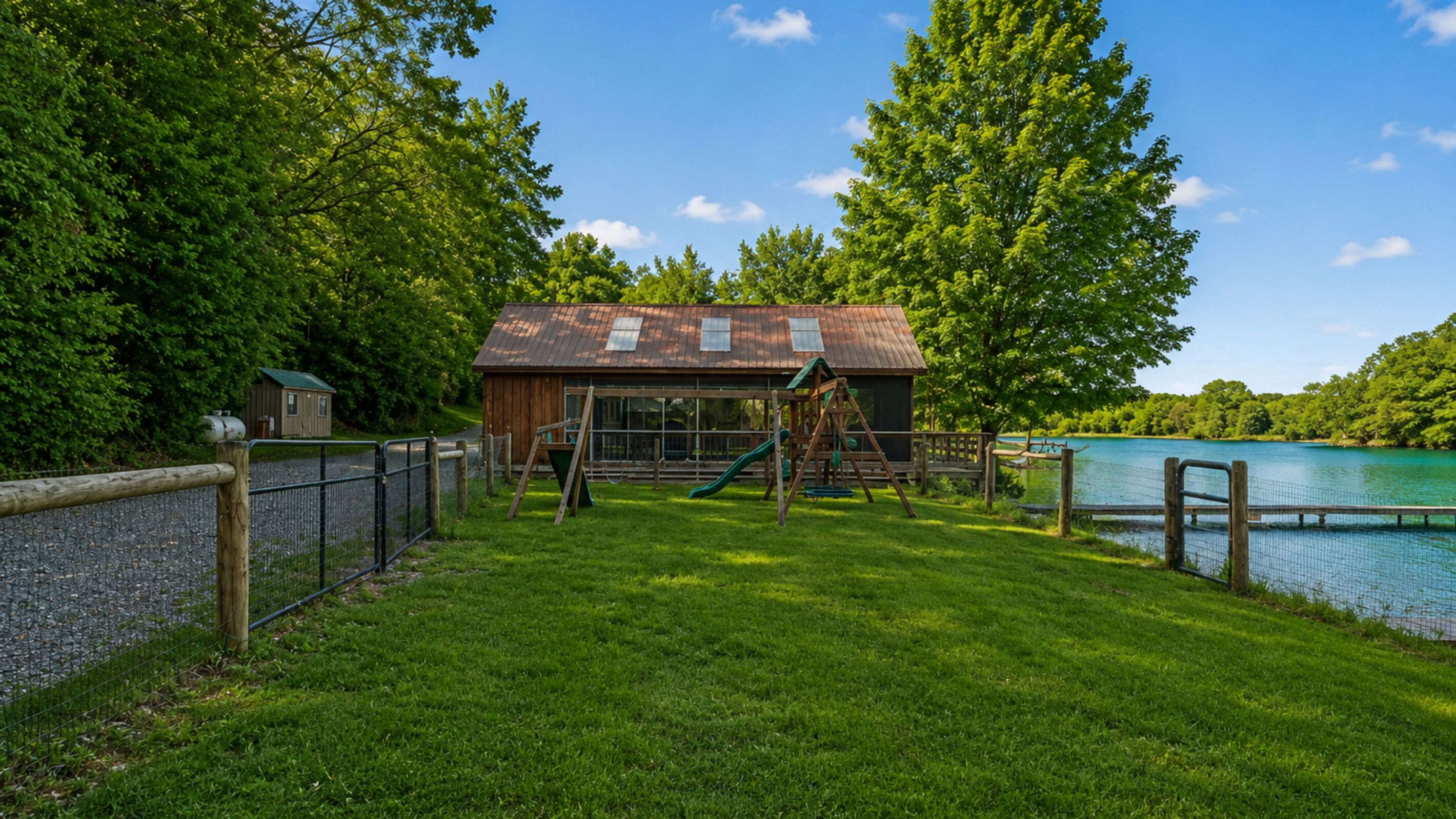 A wooden cabin with a swing set and a fenced play area, surrounded by lush greenery and a lake.