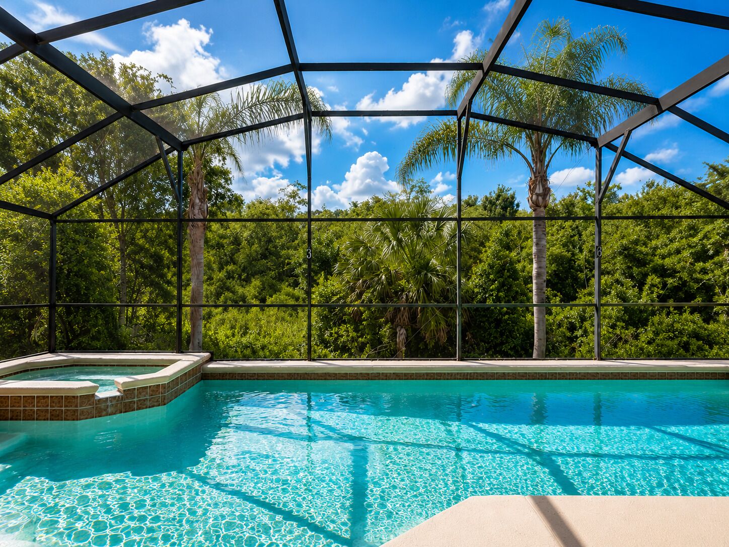 A swimming pool with a clear view of the sky and surrounding greenery.
