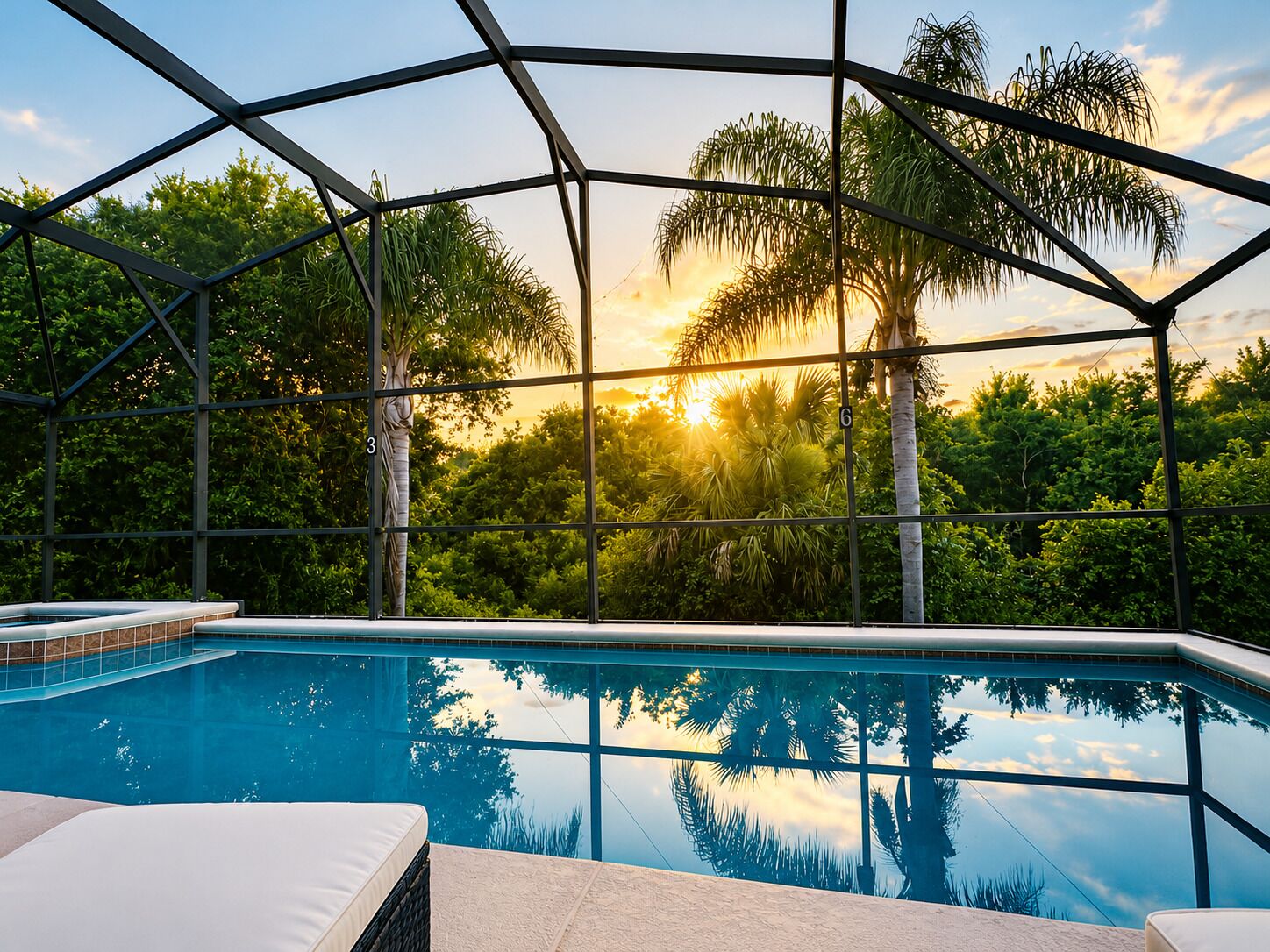 A swimming pool with a glass enclosure, surrounded by lush greenery and palm trees, with a sunset in the background.